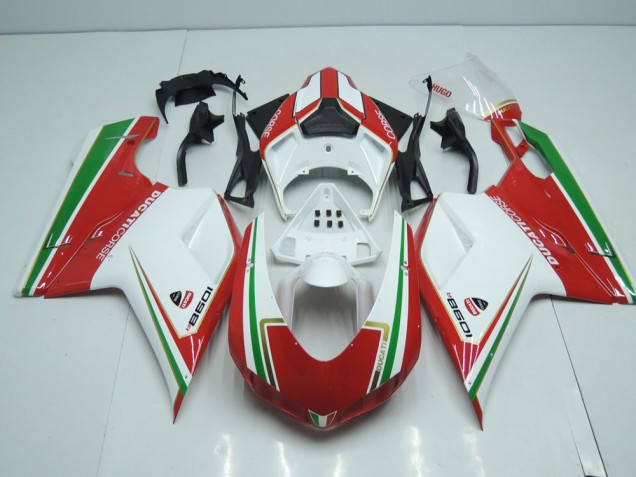 Blanco & Rojo con Verde Raya Carenado Ducati 848 1098 1198 07-14 Blanco & Rojo con Verde Raya Carenado Ducati 848 1098 1198 07-14